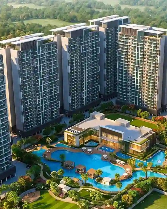 Artistic impression: aerial view of the New Beginnings towers around the clubhouse and pool, Kharadi, Pune